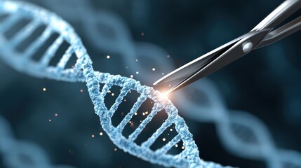A close-up of scissors cutting through a DNA strand, symbolizing genetic editing and biotechnology advancements.