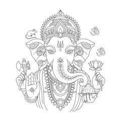 An elegant black-and-white line art illustration of Lord Ganesha with ornamental mandala elements.
