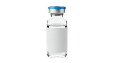 A clear glass vial with a blue cap and a blank white label, isolated on a transparent background