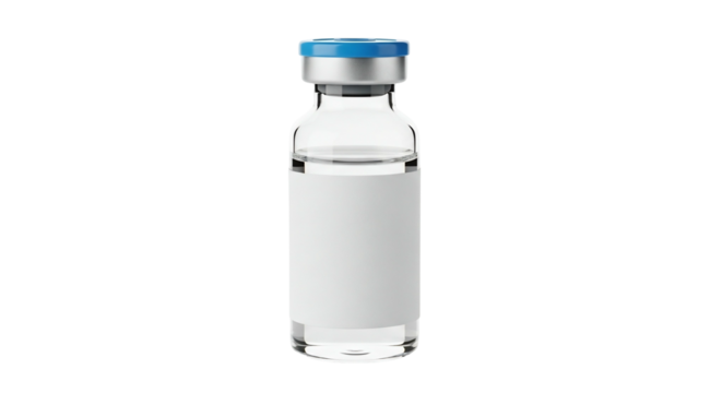 A clear glass vial with a blue cap and a blank white label, isolated on a transparent background