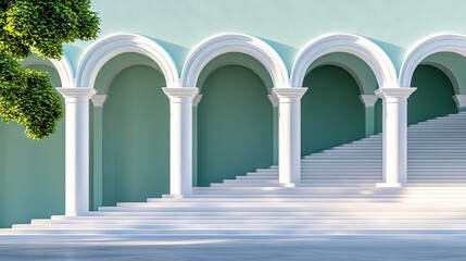 A serene architectural scene featuring white classical arches and columns against a teal wall, with white stairs leading upwards. Sunlight casts shadows, and a