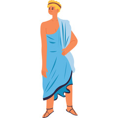 Young Blond Man Standing Confidently Dressed in a Blue Toga with a White Drape and Sandals on a Transparent Background