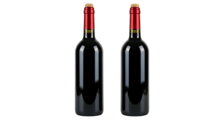 Two dark glass bottles of red wine with red foil caps on a transparent background
