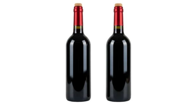 Two dark glass bottles of red wine with red foil caps on a transparent background