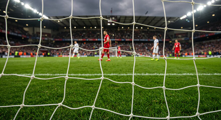 Obraz premium View of a football match from behind the goal net.