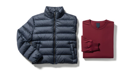 A navy blue quilted puffer jacket and a folded burgundy long-sleeve shirt on a white surface.