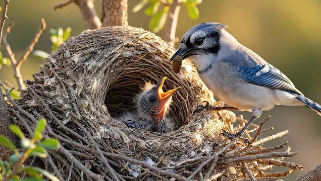 A blue jay feeding its chicks in a nest perched on a tree branch in a sunny forest environment from a close-up viewpoint