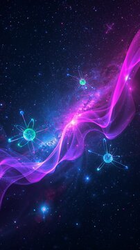 Vertical banner, wallpaper for social media of Cinematic platform banner for HBC Experimants, combining vibrant science and space elements, featuring glowing atoms with radiant blue and green hues