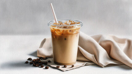 Iced coffee drink with milk in plastic cup and straw, coffee beans and soft fabric on white surface, refreshing beverage