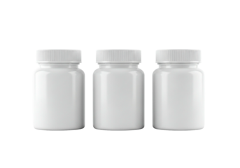 Three white blank supplement bottles on transparent background, product mockup
