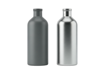 Two metallic water bottles on a transparent background