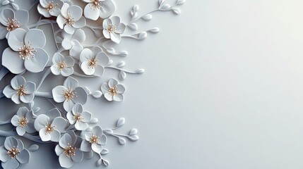 A delicate arrangement of white cherry blossoms with gold centers on thin branches, set against a soft, light background with gentle illumination.