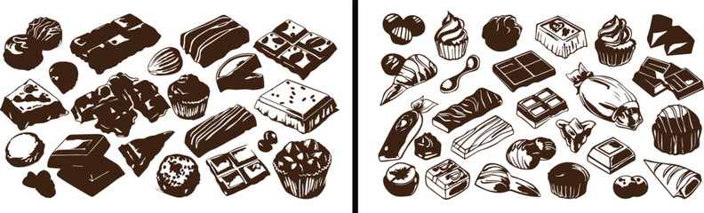 Chocolate Illustration Art, Dessert Line Drawing, Hand Drawn Chocolate Vector, Sweet Food Artwork, Gourmet Dessert Design, Black and White Chocolate Sketch, Elegant Dessert Vector, Candy Illustration 