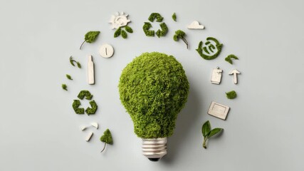 Moss-covered lightbulb surrounded by green recycling, ecology, and sustainability icons - Powered by Adobe