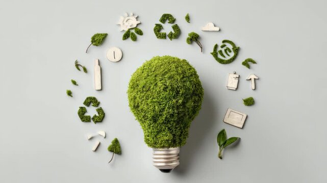 Moss-covered lightbulb surrounded by green recycling, ecology, and sustainability icons