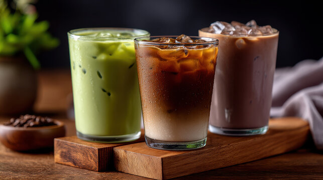 Iced coffee drink, iced matcha latte, and iced chocolate served in clear glasses on wooden board, refreshing beverage