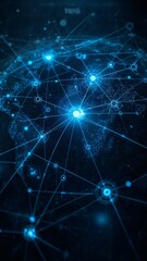 Vertical banner, wallpaper for social media of High-resolution infographic style illustration of a complex global financial network consisting of glowing nodes with varying sizes and intensities