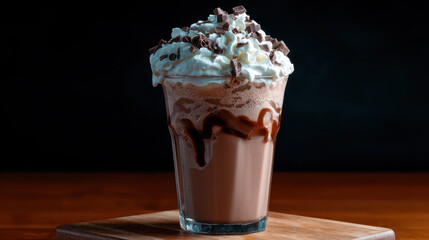 Chocolate drink with whipped cream and chocolate pieces on wooden table with dark background, delicious and creamy dessert