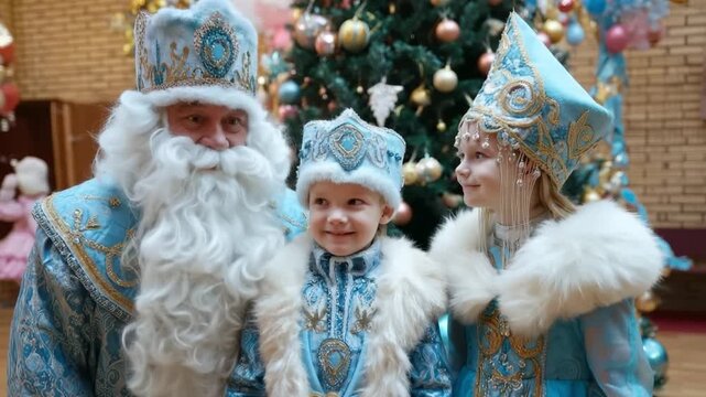 Ded moroz, snegurochka, and a child posing in traditional winter costumes during new year celebrations