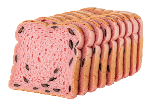 Delicious pink loaf of bread with dark seeds, isolated on transparent background, sliced and ready to eat