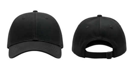 Black baseball cap on a transparent background, front and back view