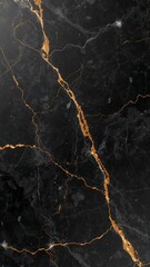 Vertical banner, wallpaper for social media of Intense black marble with bright and defined golden cracks, it has a smooth and uniform texture, without any white spots or marks