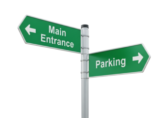 Directional Signpost with 'Main Entrance' and 'Parking' Arrows on Transparent Background