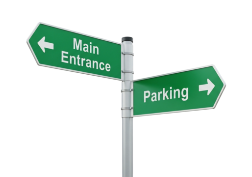 Directional Signpost with 'Main Entrance' and 'Parking' Arrows on Transparent Background - Powered by Adobe