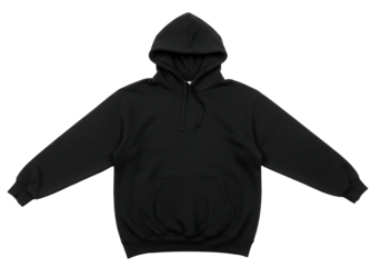 Plain black hoodie with a transparent background, perfect for graphic design mockups and apparel branding