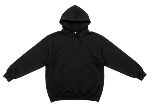 Plain black hoodie with a transparent background, perfect for graphic design mockups and apparel branding