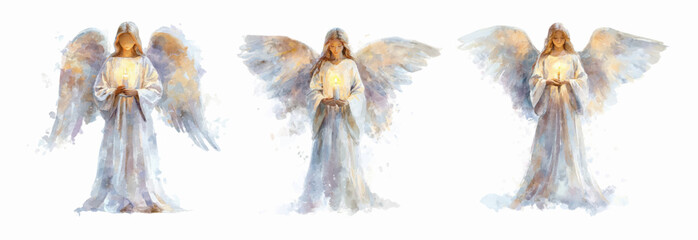 Watercolor set of angels with a candle. Figures of angels in long white and blue dresses holding a burning candle in their hands. Christian symbol of religion and faith. Vector illustration.