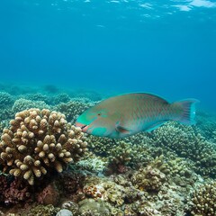 Fototapeta premium Vibrant parrotfish grazing on coral reef in clear blue ocean.