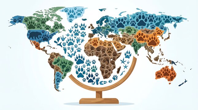 Global animal distribution illustrated on colorful world map