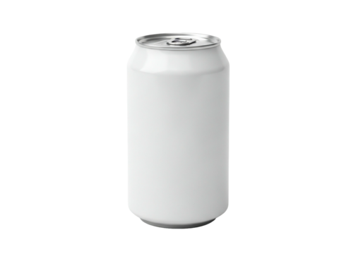 A plain white beverage can with a pull-tab on a transparent background, perfect for product mockups and design elements