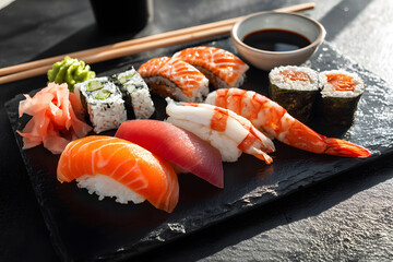 Fresh sushi platter featuring a variety of fish and garnishes served on a black stone surface