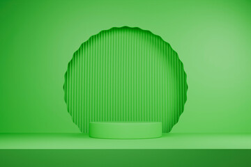 A green cylindrical podium sits in a display