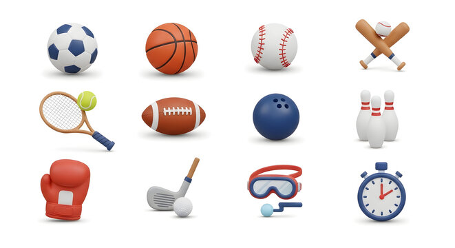A collection of 3D icons representing various sports equipment on a clean white background.
