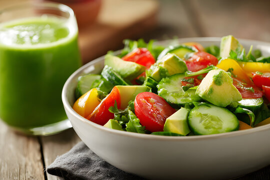 Fresh salad with cucumber, tomatoes, and avocado served with a green smoothie in a casual dining setting