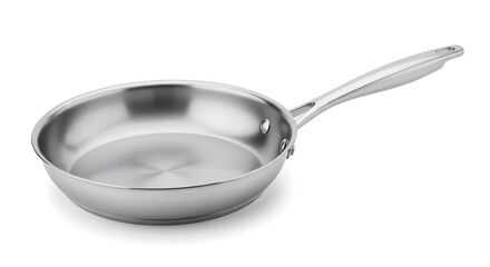A shiny, new stainless steel frying pan with a long handle on a white background.