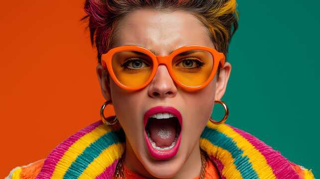 Close up of cheerful woman with colorful hair, neon jacket, and sunglasses, in a vibrant, playful fashion photography style - Powered by Adobe