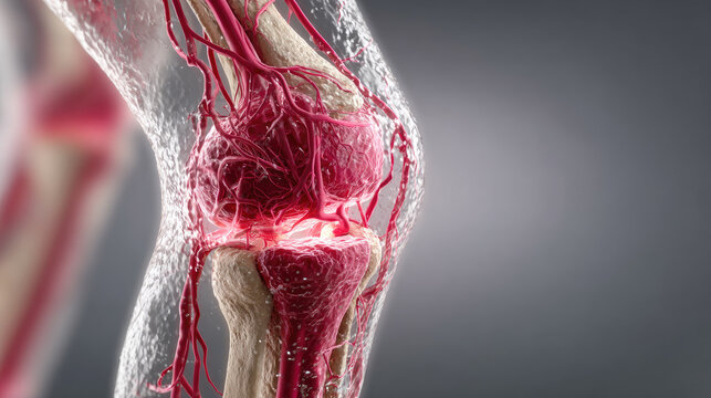 Human knee joint with highlighted inflammation and damage to cartilage and bone structures, visualizing pain and potential therapeutic interventions for degenerative joint disease - Powered by Adobe