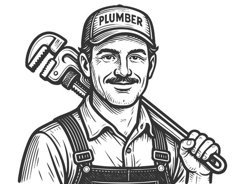 confident man plumber in cap and overalls, holding a large adjustable pipe wrench sketch engraving generative ai fictional character vector illustration. Scratch board imitation. Black and white.