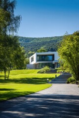 Fototapeta premium Modern house surrounded by lush greenery in a serene natural landscape with rolling hills and bright blue sky on a sunny day