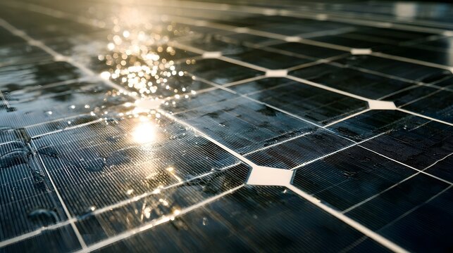 Wet solar panel with sun reflections - Powered by Adobe