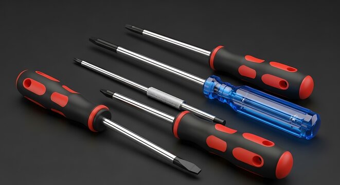 Assortment of Screwdrivers with Black and Red Handles on Dark Background.