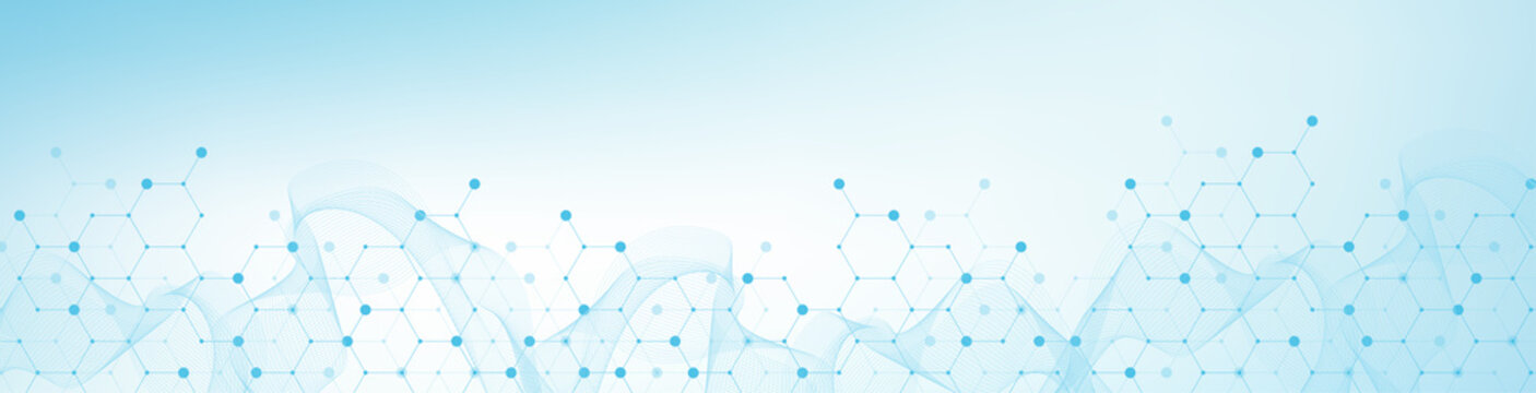 Modern health care or medical background design. Health care innovation concept. Horizontal header web banner. Abstract geometric background with hexagon shapes for medicine, science, chemistry.