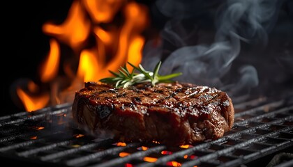 beef steak with spices rosemary closeup on grill