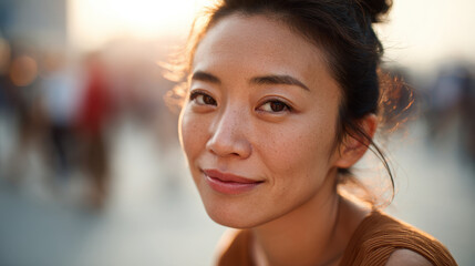 Obraz premium Young woman smiling with natural makeup and freckles in soft sunlight, expressing calm and warmth