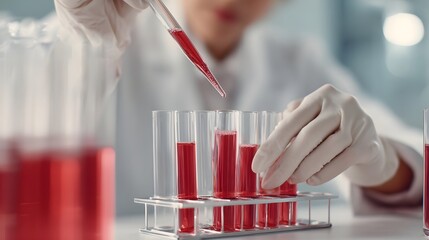 Scientist uses pipette to add red liquid to test tubes