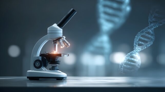 Microscope with DNA helix science research concept